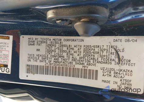 2004 Lexus Gx 470 from USA, damaged, VIN JTJBT20X040061019